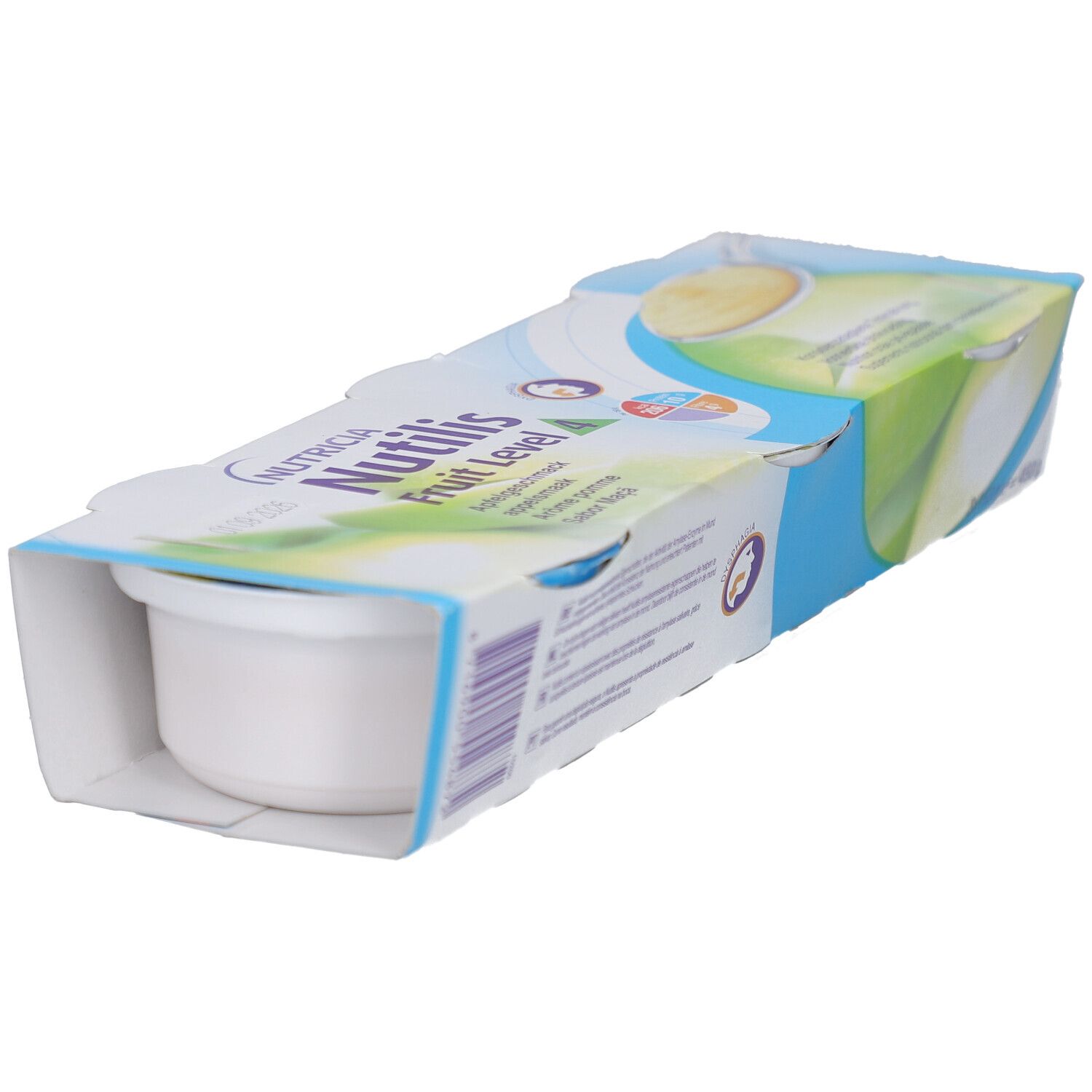 Nutricia Nutilis Fruit Level 3 in Verpackung. Weißer Becher in blauer und weißer Verpackung.