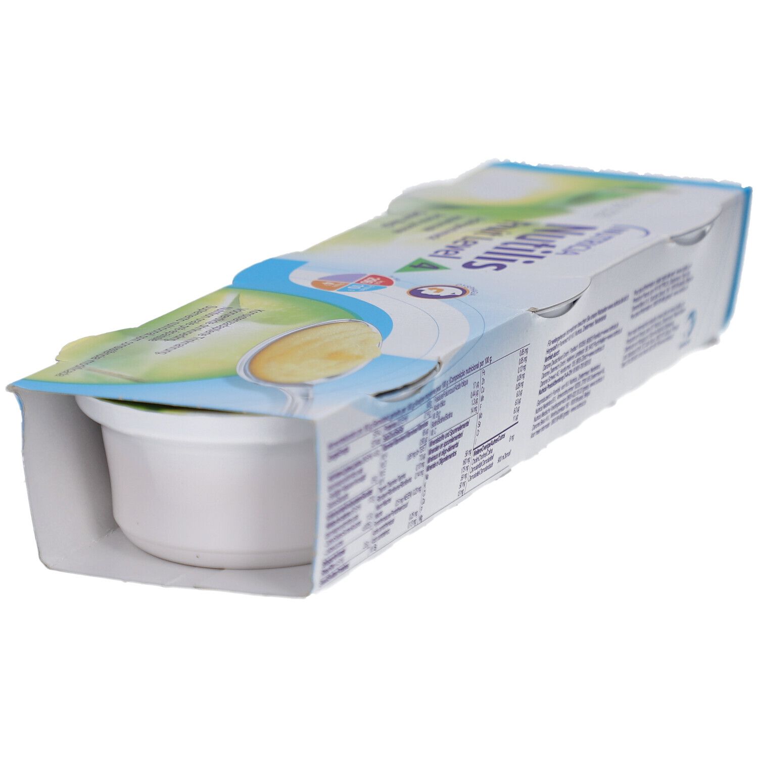 Nutricia Nutilis Fruit Level 3 in Verpackung. Weißer Becher mit Text und Nährwertangaben.