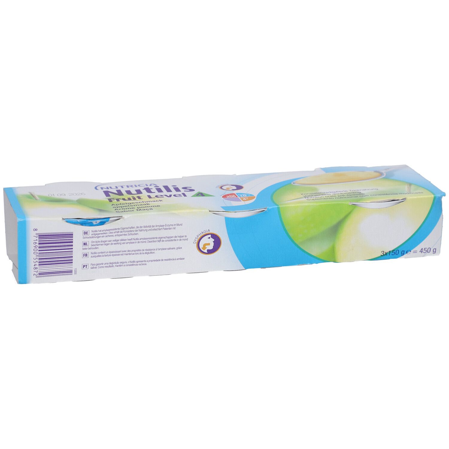 Verpackung von Nutricia Nutilis Fruit Level 4. Blaue und weiße Verpackung mit Apfel-Illustrationen.