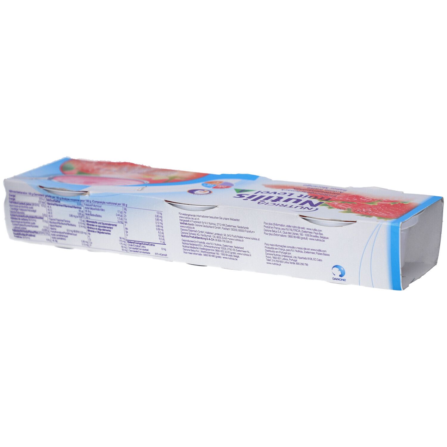 Verpackung von Nutricia Nutilis Fruit Level 3 Erdbeergeschmack. Rückseite mit Nährwertangaben und Produktinformationen.