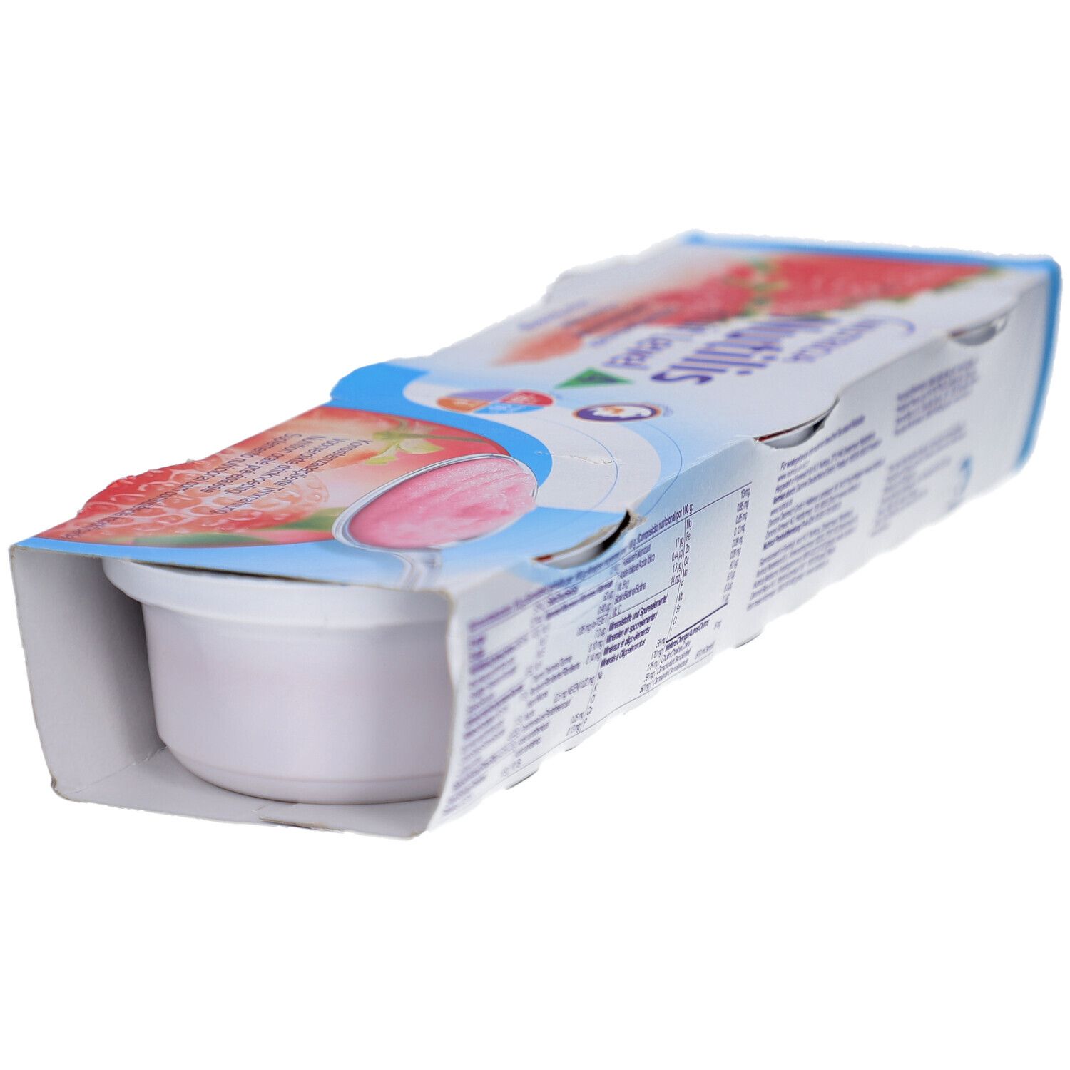 Verpackung von Nutricia Nutilis Fruit Level 3 Erdbeergeschmack. Enthält Becher. Rückseite mit Nährwertangaben.