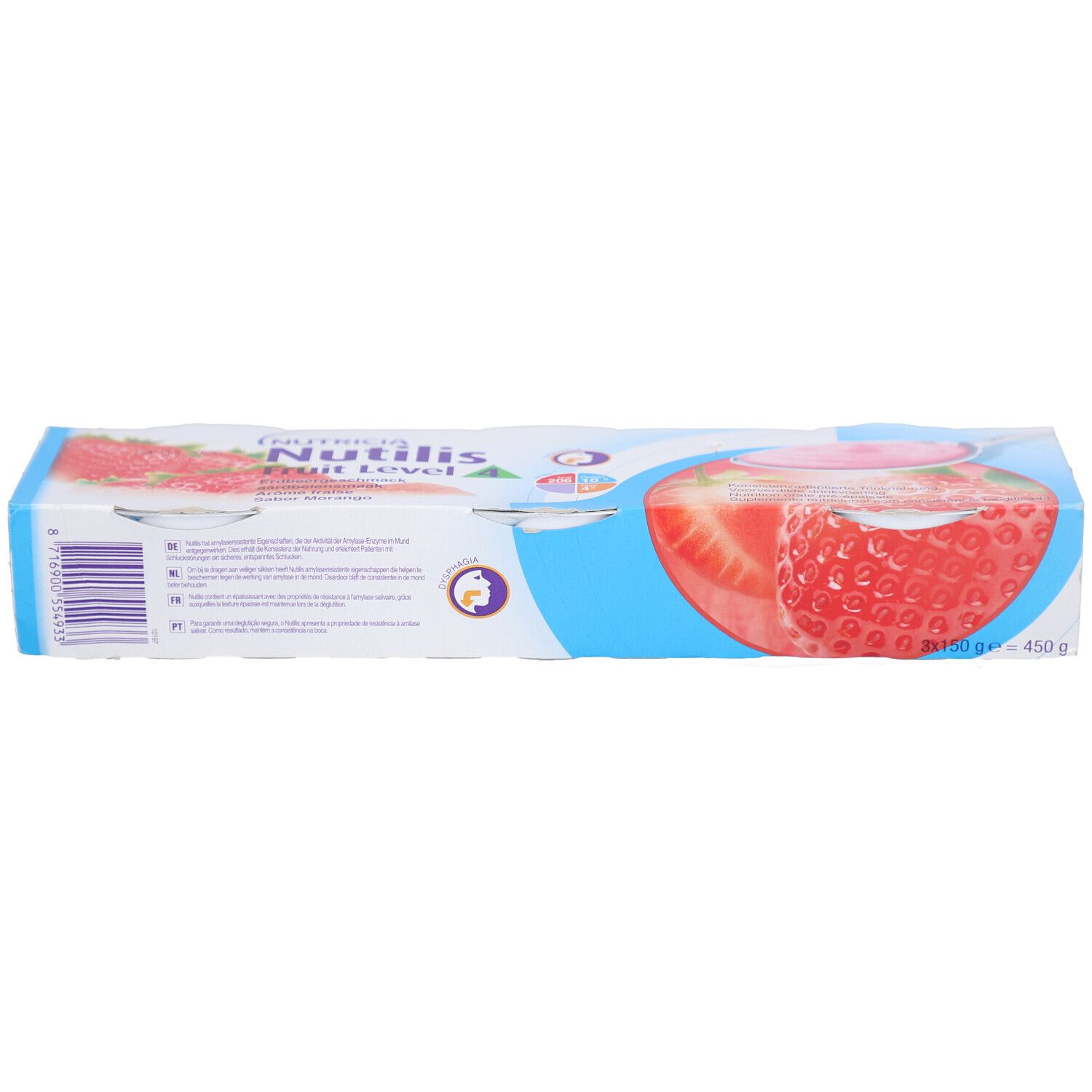 Verpackung von Nutricia Nutilis Fruit Level 3 Erdbeergeschmack. Blaue und weiße Verpackung mit Erdbeere und Produktnamen.
