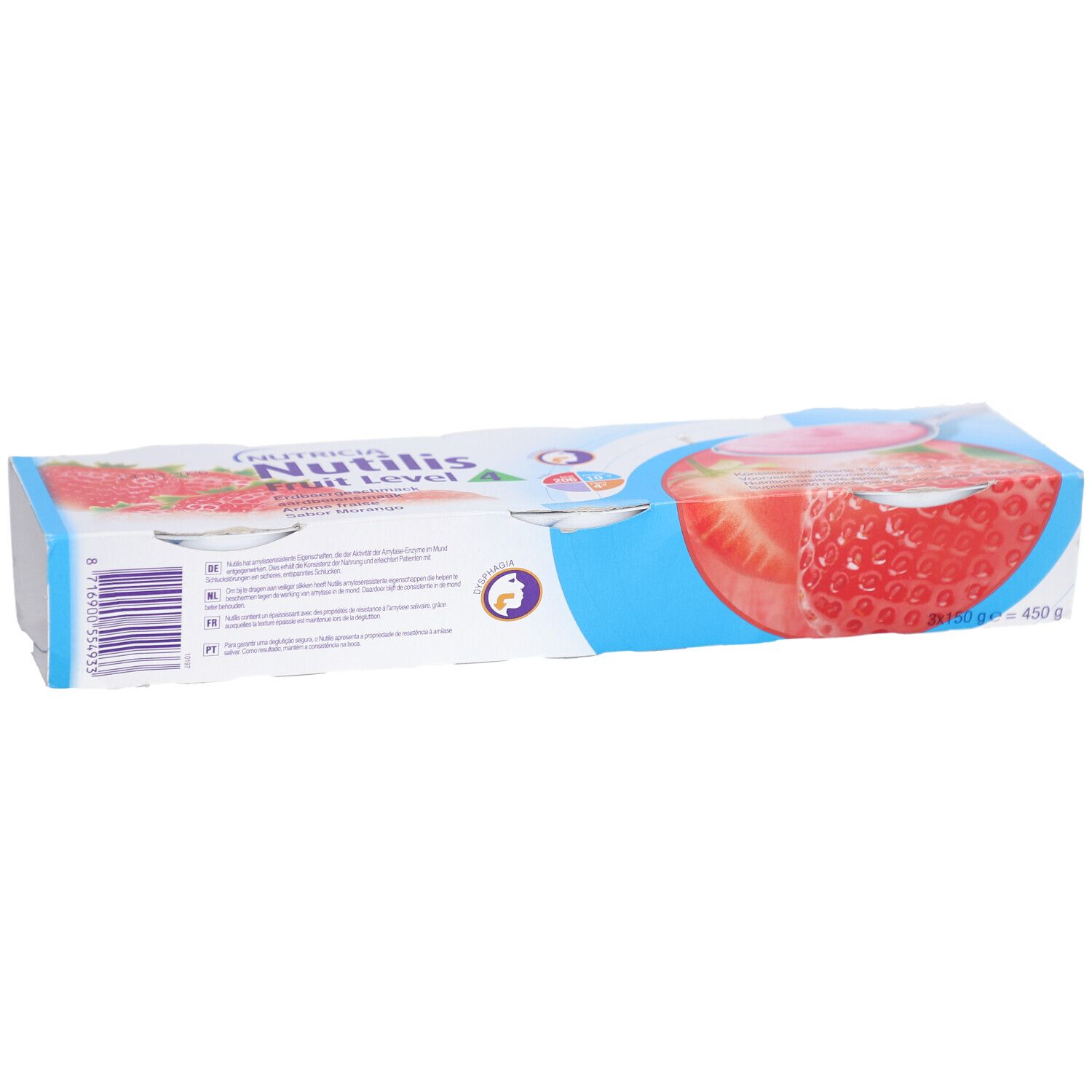 Verpackung von Nutricia Nutilis Fruit Level 3 Erdbeergeschmack. Blaue und weiße Verpackung mit Erdbeere und Produktnamen.