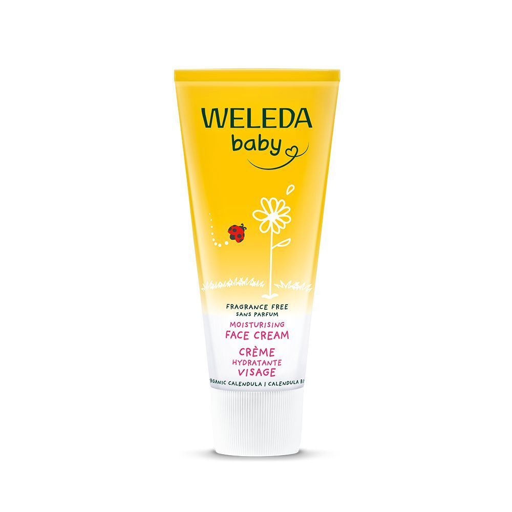 Tube jaune "WELEDA baby" Crème Visage Calendula. Inscriptions en allemand et français. Illustrations florales.