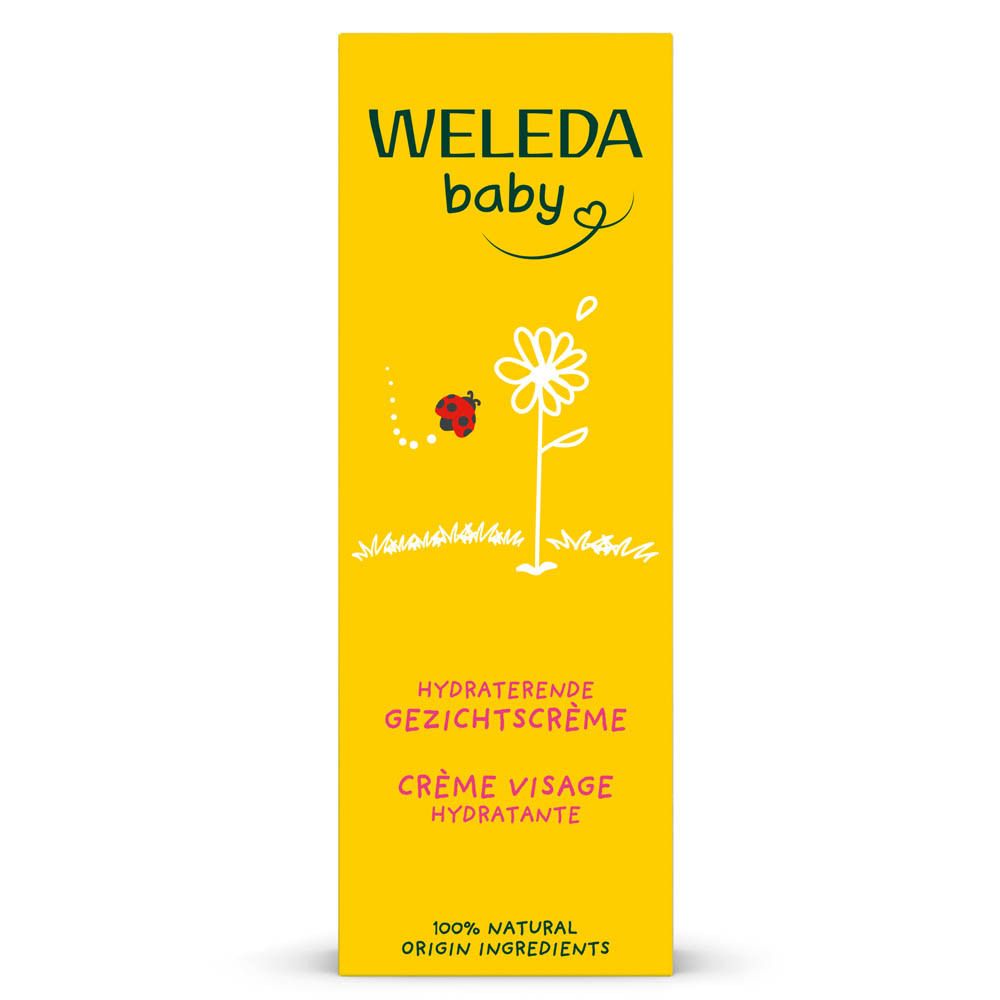 Emballage jaune "WELEDA baby". Inscription "HYDRATERENDE GEZICHTSCRÈME CRÈME VISAGE HYDRATANTE".
