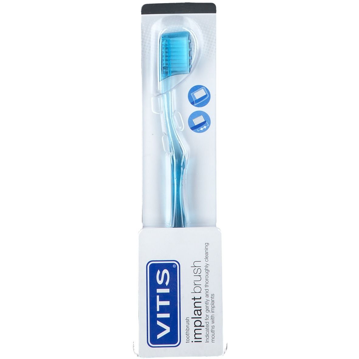 Zahnbürste in Verpackung. Blauer Bürstenkopf und Griff. Aufschrift VITIS und implant brush.