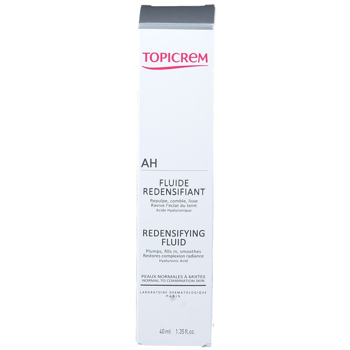 Boîte blanche avec couvercle gris. Texte: TOPICREM, AH, Fluide Redensifiant, Redensifying Fluid. 40ml.