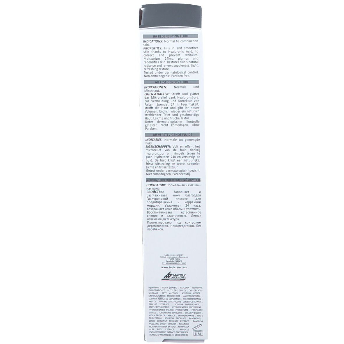 Dos de la boîte blanche. Texte multilingue. Informations fabricant. Code-barres.