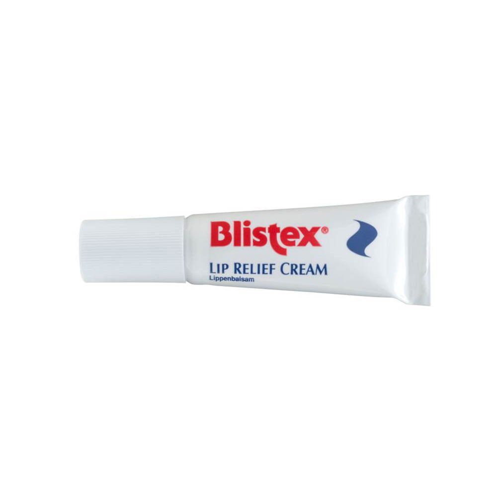 Blistex Lip Relief Cream Tube. Weiß mit roter Schrift. Blaue Welle. Produktname und Marke sichtbar.