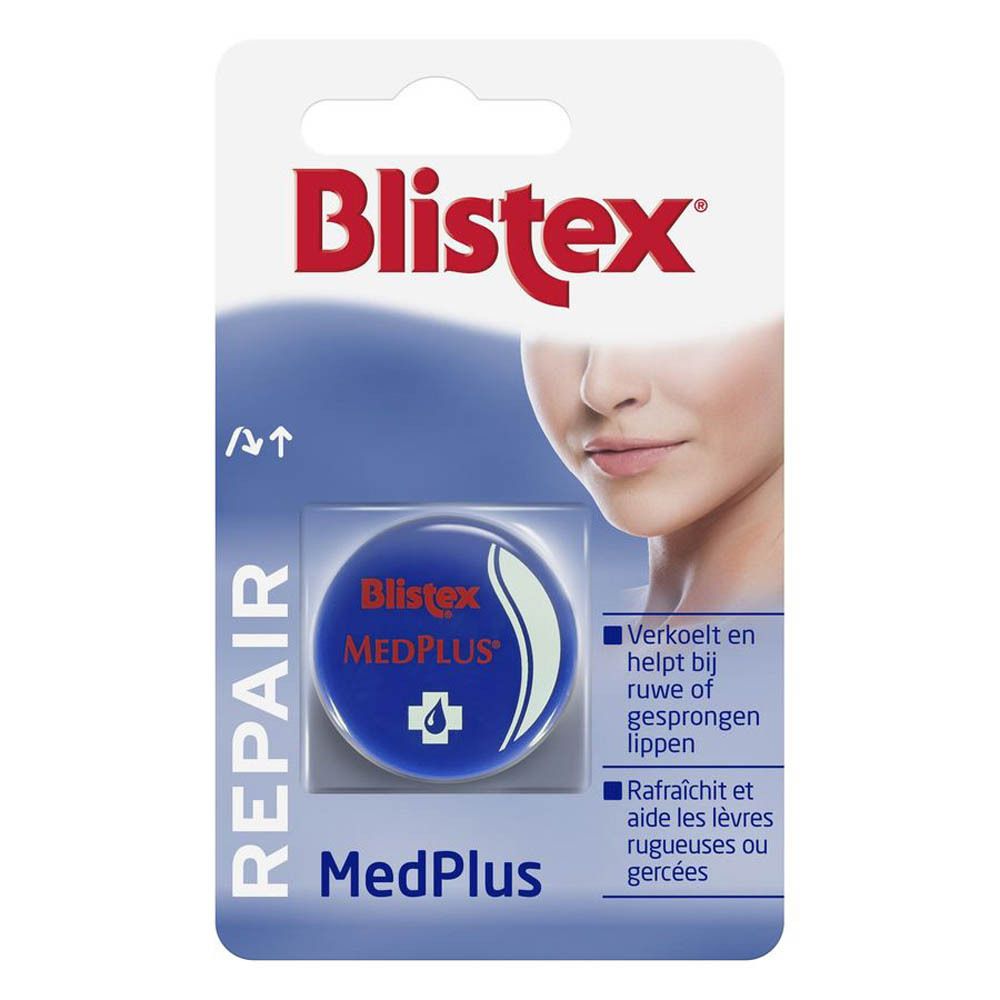 Emballage blister avec Blistex MedPlus. Pot bleu avec texte blanc. SPF 15. Visage illustré sur l'emballage.