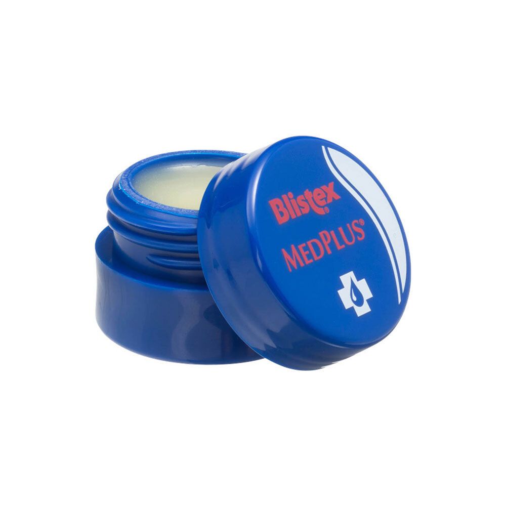 Pot bleu Blistex MedPlus ouvert. Couvercle à côté. Le contenu est visible.