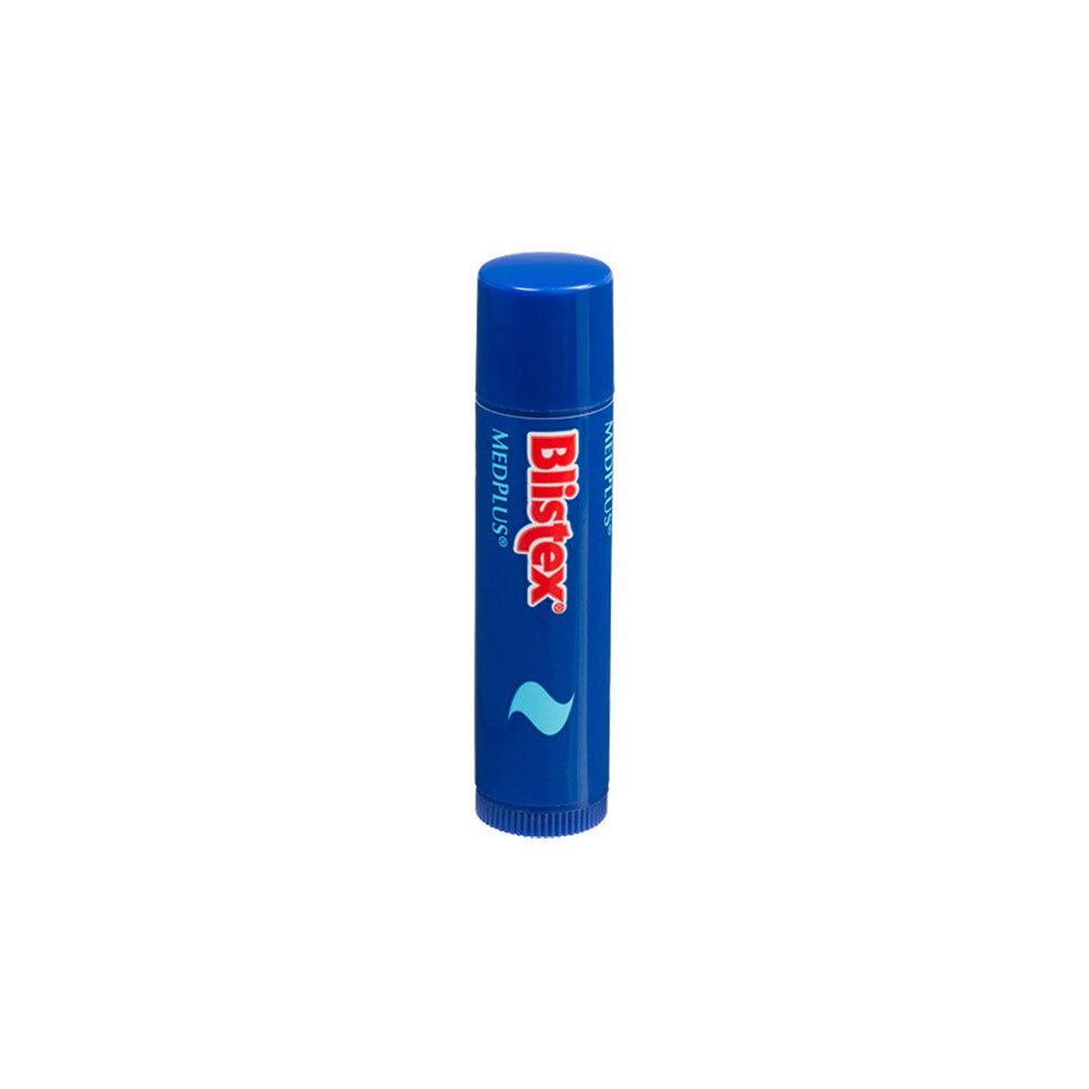 Blauer Lippenpflegestift Blistex MedPlus. Weißer Schriftzug und blaues Wellen-Design. Aufschrift MedPlus.