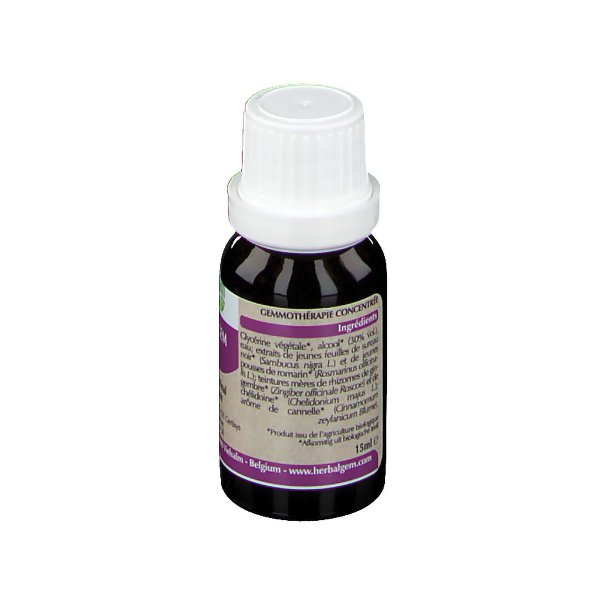 Braune Glasflasche mit weißem Deckel. Etikett mit Inhaltsstoffen und Herstellerinformationen. 15ml.