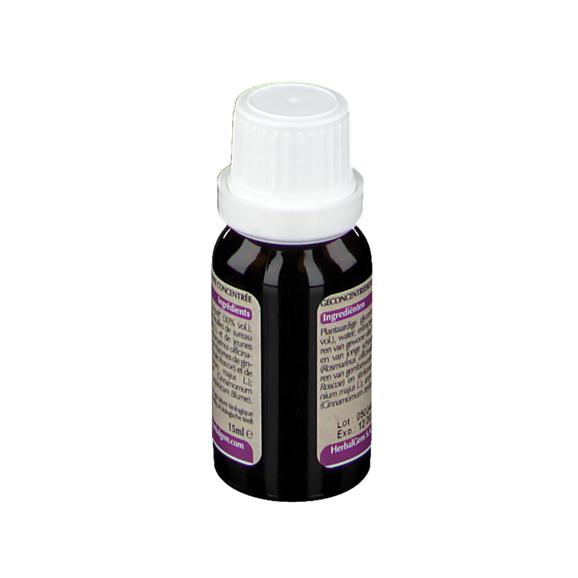 Braune Glasflasche mit weißem Deckel. Etikett mit Inhaltsstoffen und Herstellerinformationen. 15ml.