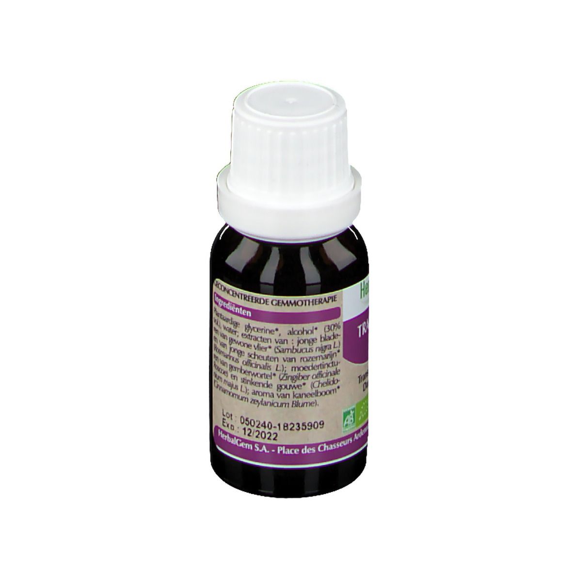 Braune Glasflasche mit weißem Deckel. Etikett mit Inhaltsstoffen und Herstellerinformationen. 15ml.
