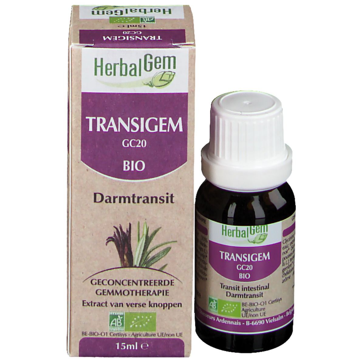 Produktflasche und Verpackung. Braune Flasche mit weißem Deckel und Karton. Text: Darmtransit, 15ml.