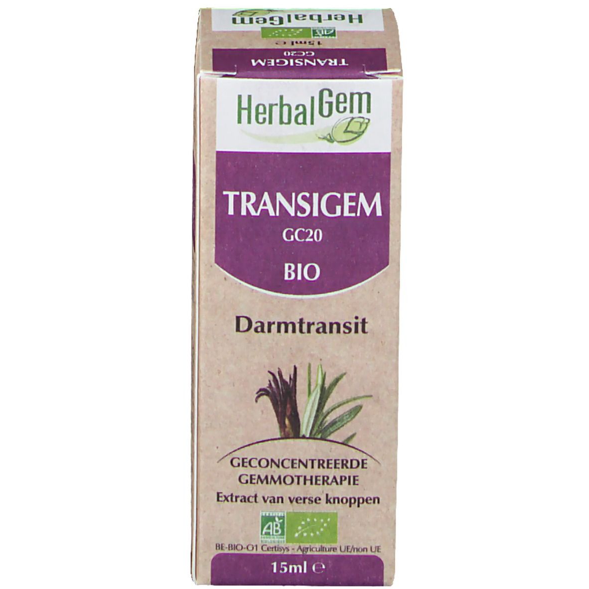 Produktverpackung. Karton mit Produktnamen, Marke und Bio-Siegel. Text: Darmtransit, 15ml.