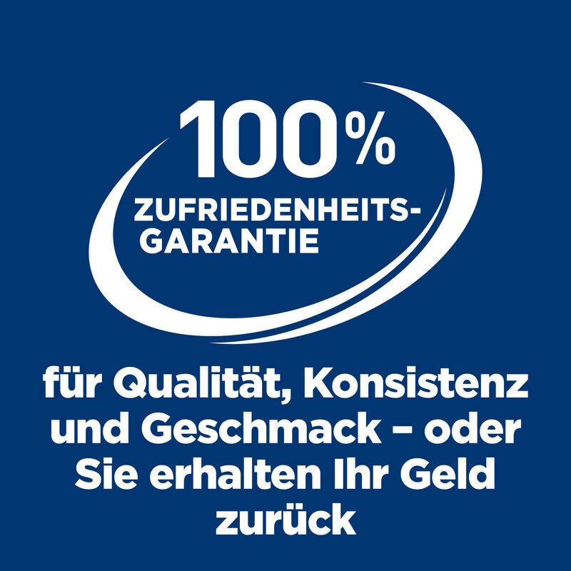 Fond bleu avec logo blanc. Texte : Garantie de satisfaction à 100 % pour la qualité, la consistance et le goût.