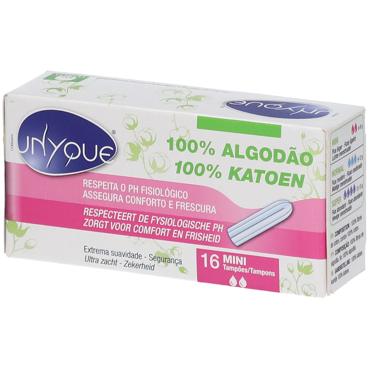 Verpackung mit Tampons. Blaue und weiße Schachtel mit Produktnamen und Text in mehreren Sprachen. 16 Mini-Tampons.