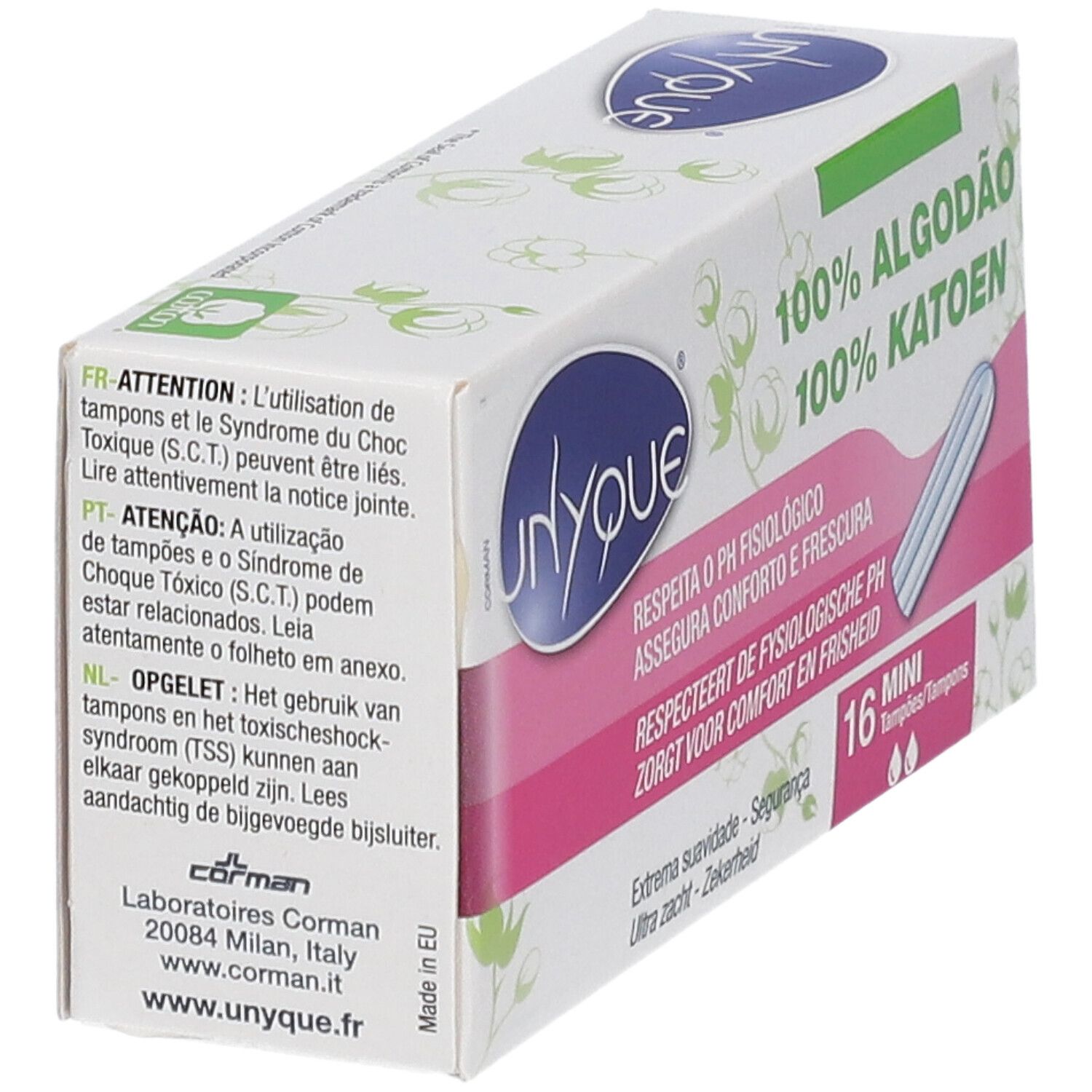 Schachtel mit Tampons, schräg von oben. Produktname und Text in mehreren Sprachen. 16 Mini-Tampons. Warnhinweise auf der Seite.