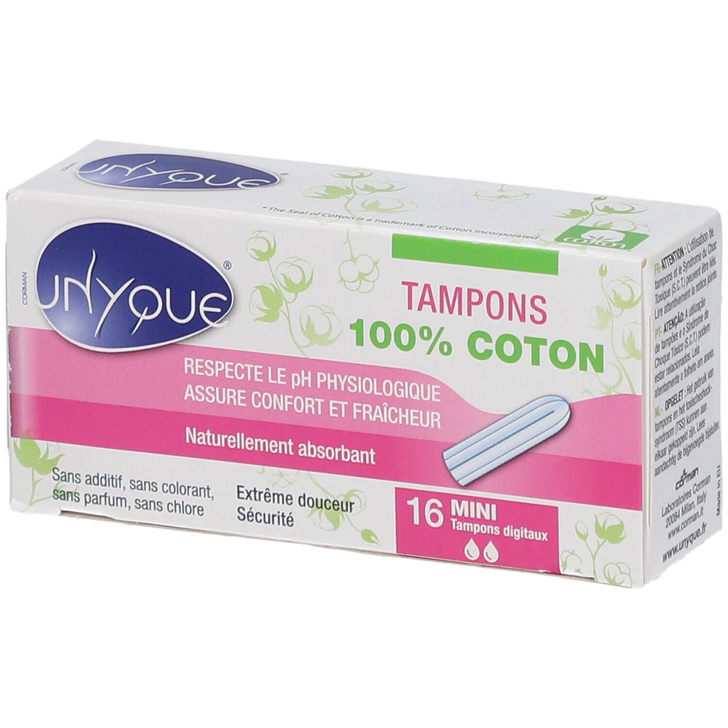 Verpackung mit Tampons. Weiße und rosa Schachtel mit Produktnamen und Text in mehreren Sprachen. 16 Mini-Tampons.