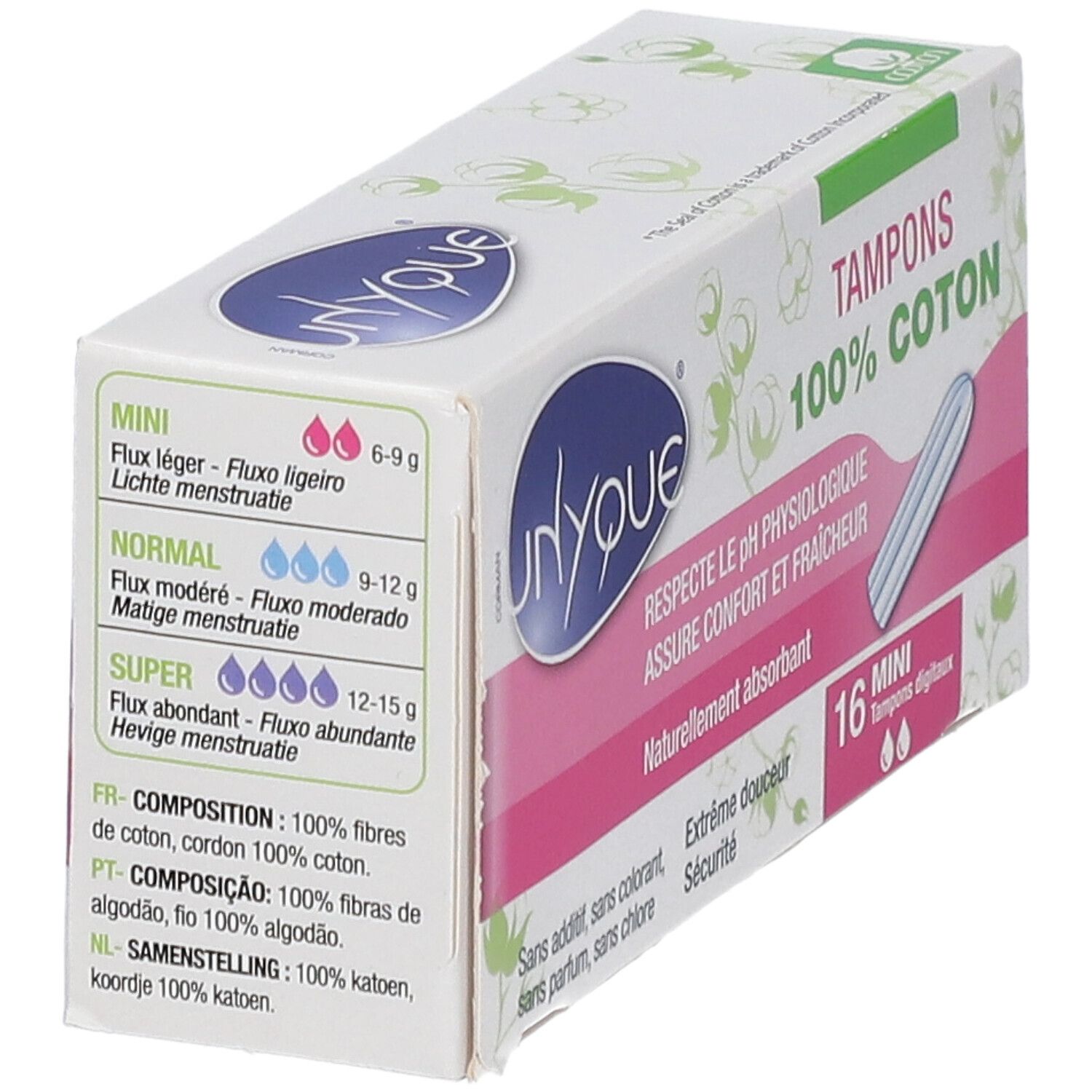 Schachtel mit Tampons. Weiße und rosa Schachtel mit Produktnamen und Text in mehreren Sprachen. 16 Mini-Tampons. Flussstärken.