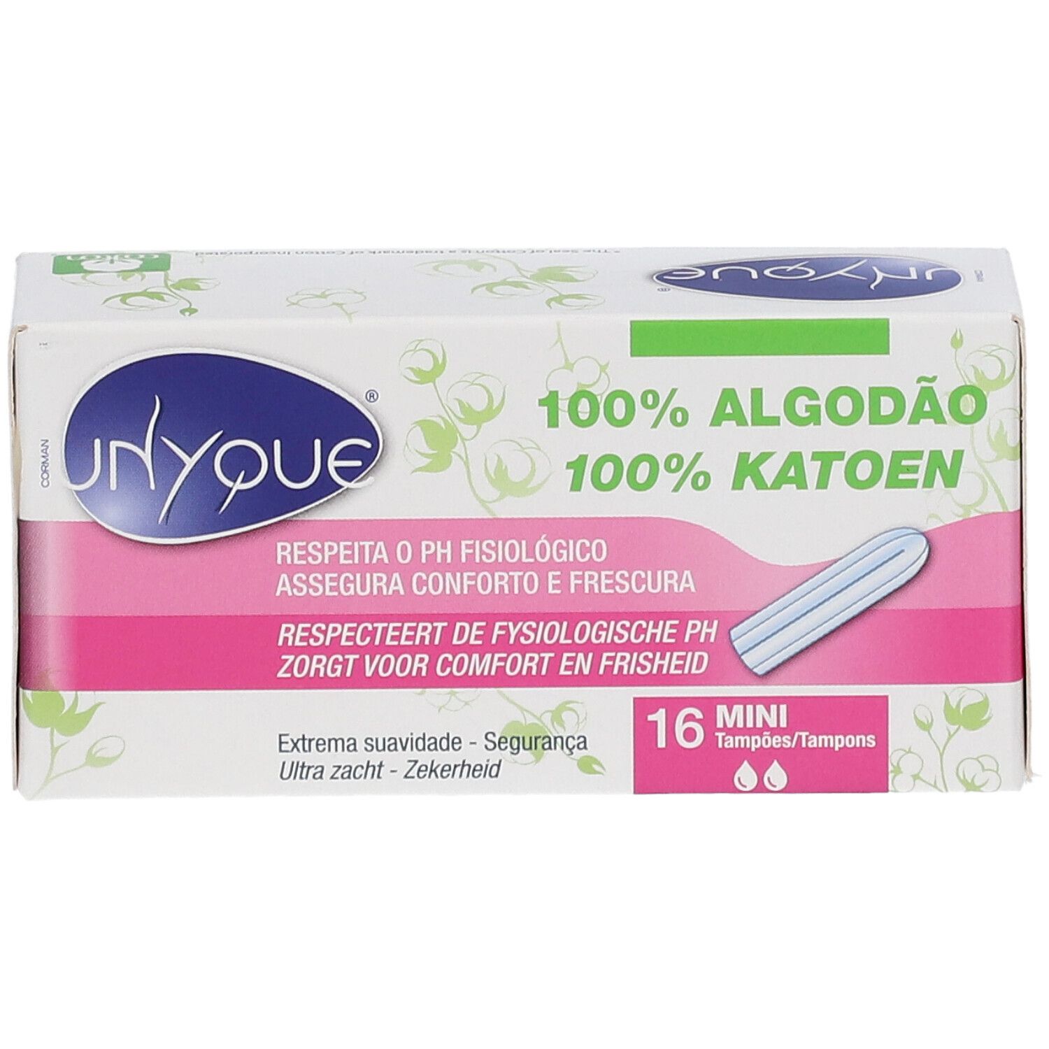 Verpackung mit Tampons. Blaue und rosa Schachtel mit Produktnamen und Text in mehreren Sprachen. 16 Mini-Tampons. 100% Baumwolle.
