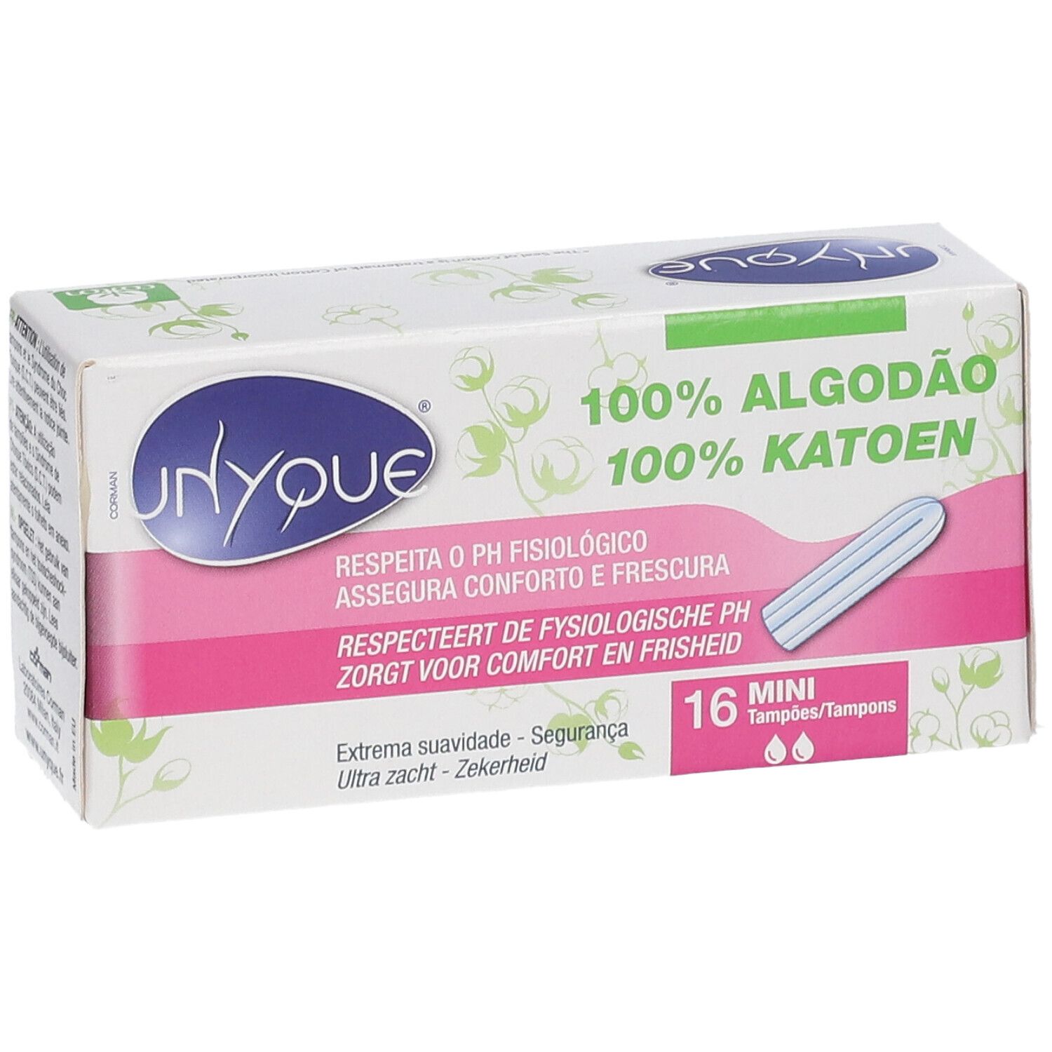 Verpackung mit Tampons. Blaue und rosa Schachtel mit Produktnamen und Text in mehreren Sprachen. 16 Mini-Tampons. 100% Baumwolle.
