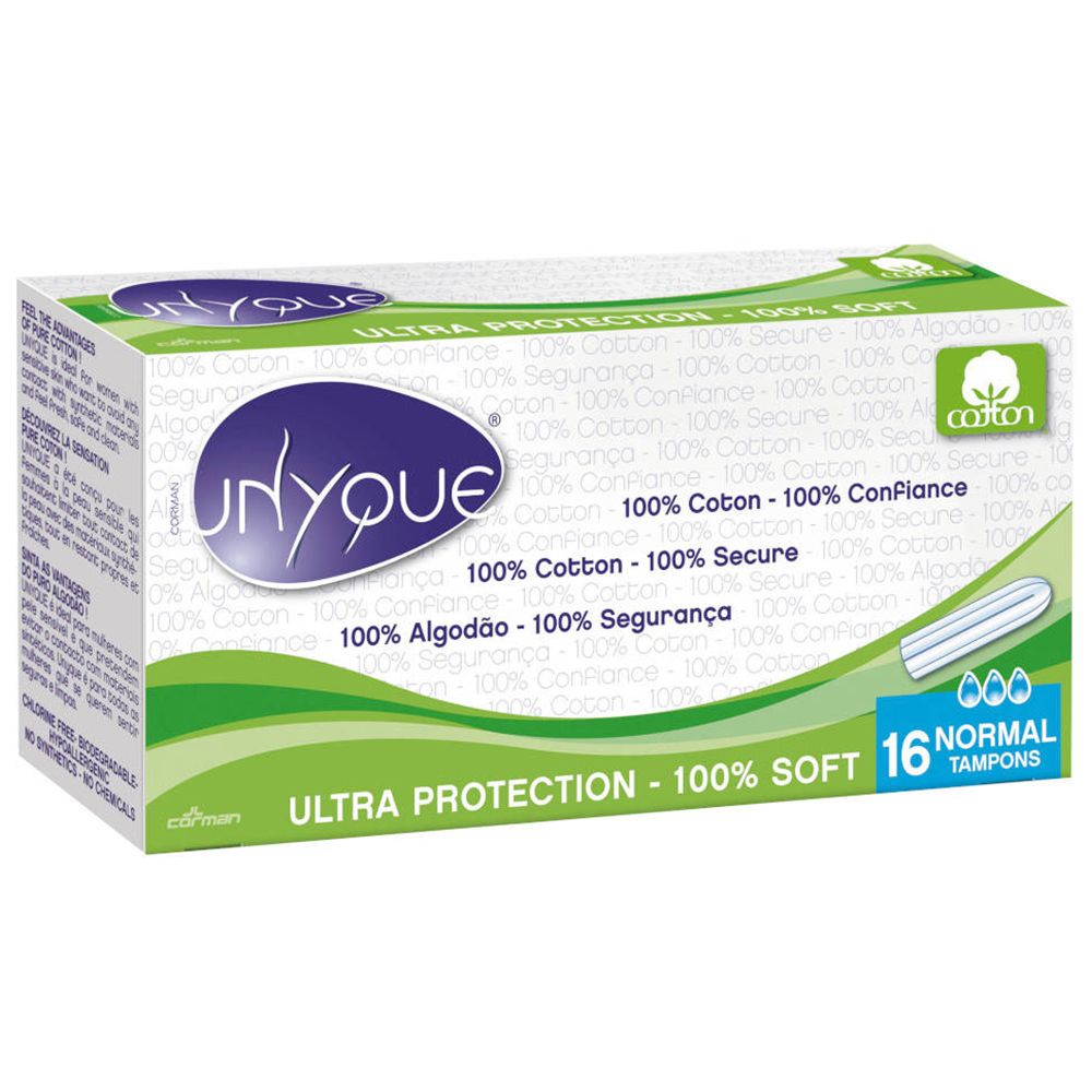 Verpackung mit Tampons. Marke UNYQUE, 16 Stück, normal. 100% Baumwolle. Weiche Tampons.