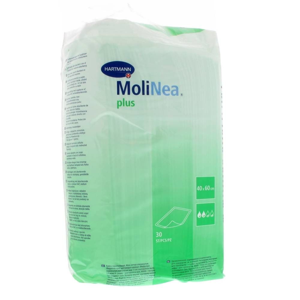 Verpackung MoliNea plus, 40 x 60 cm. 30 Stück. Marke Hartmann. Grün-weiße Verpackung mit Produktinformationen und Piktogrammen.
