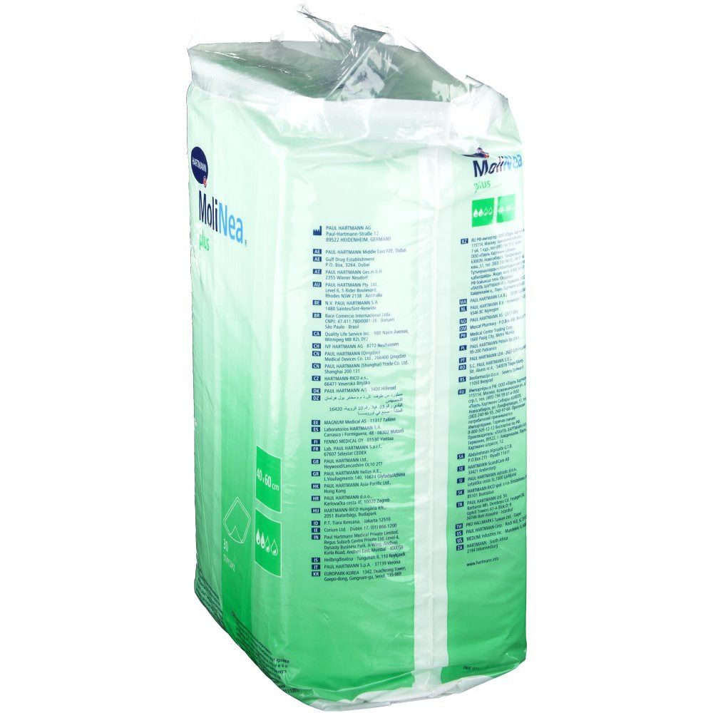 Rückseite der Verpackung MoliNea plus. Produktinformationen in verschiedenen Sprachen. Größe 40x60cm. Marke Hartmann.