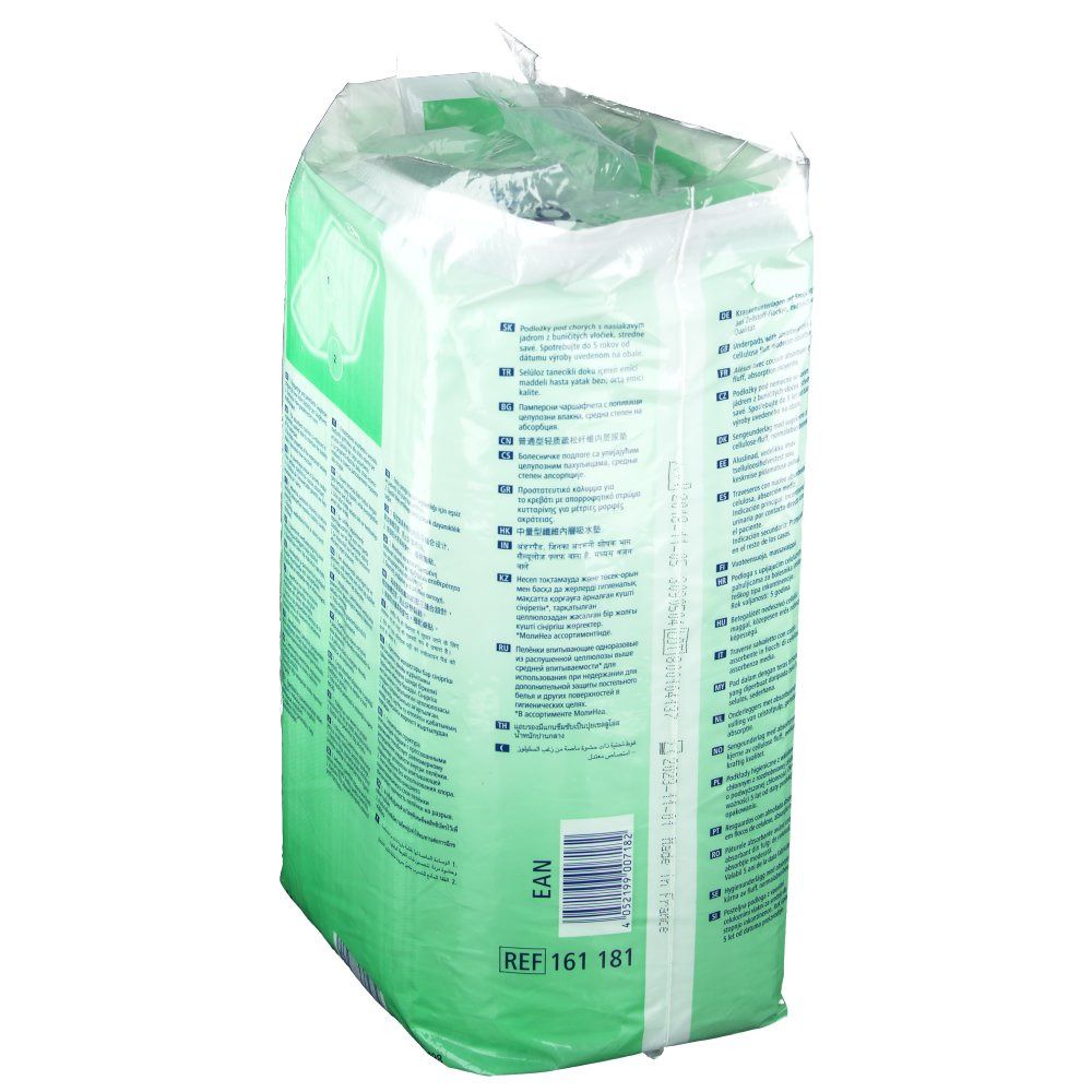 Verpackung MoliNea plus, Seitenansicht. Produktinformationen, EAN-Code und Referenznummer. Marke Hartmann.