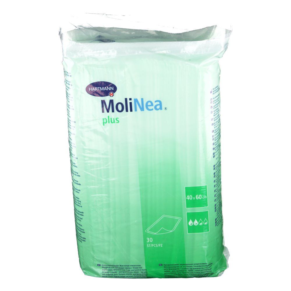 Verpackung MoliNea plus, 40 x 60 cm. 30 Stück. Marke Hartmann. Grün-weiße Verpackung mit Produktinformationen und Piktogrammen.