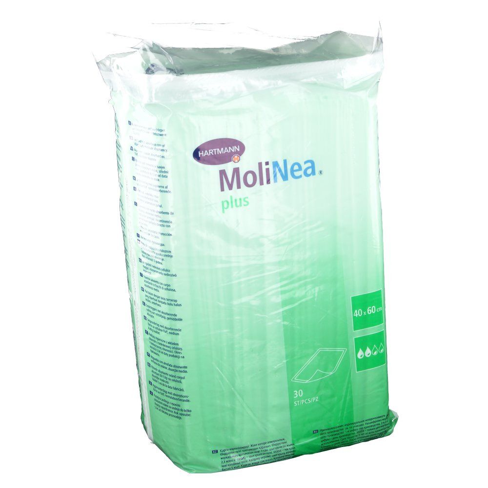 Verpackung MoliNea plus, 40 x 60 cm. 30 Stück. Marke Hartmann. Grün-weiße Verpackung mit Produktinformationen und Piktogrammen.