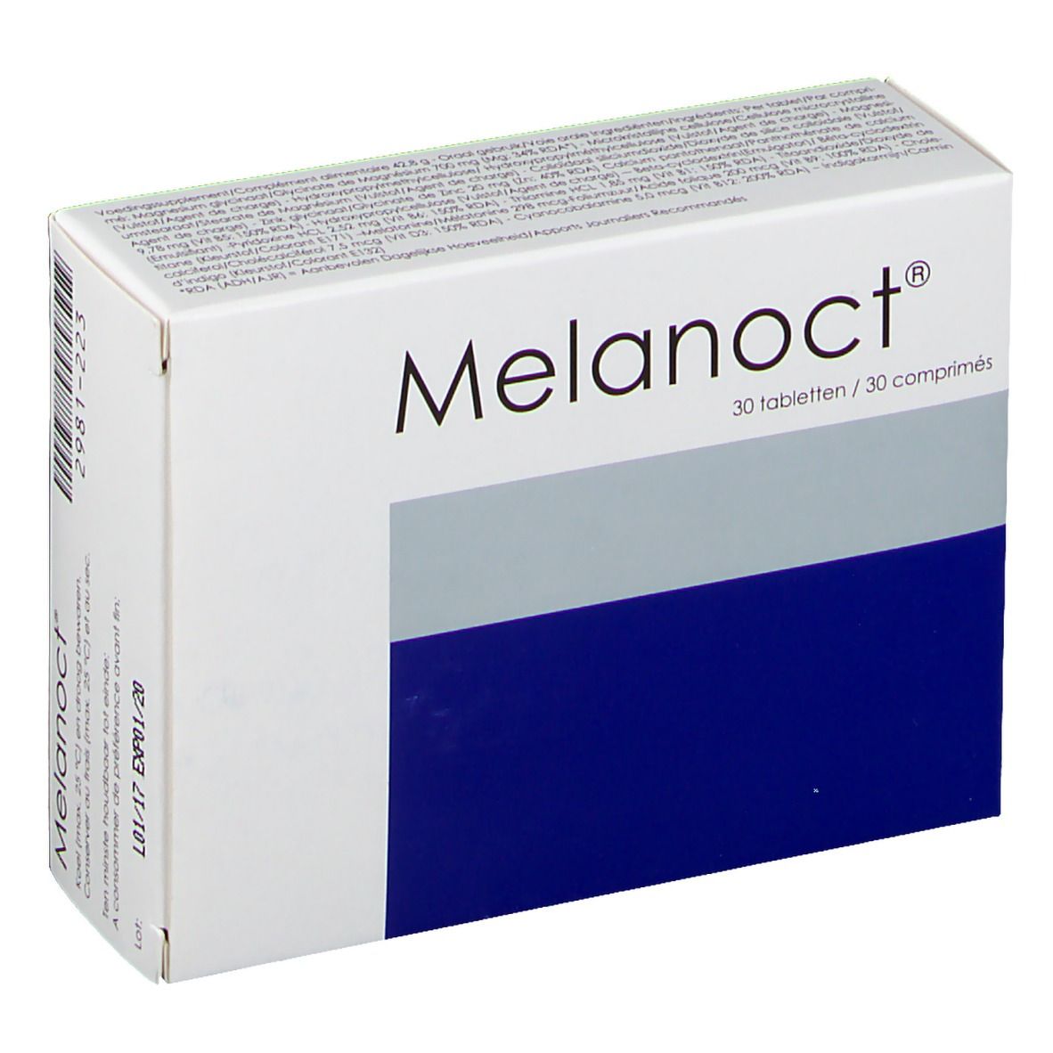 Schachtel mit "Melanoct®"-Aufdruck. 30 Tabletten. Weiß, Grau und Blau. Text in Deutsch und Französisch.