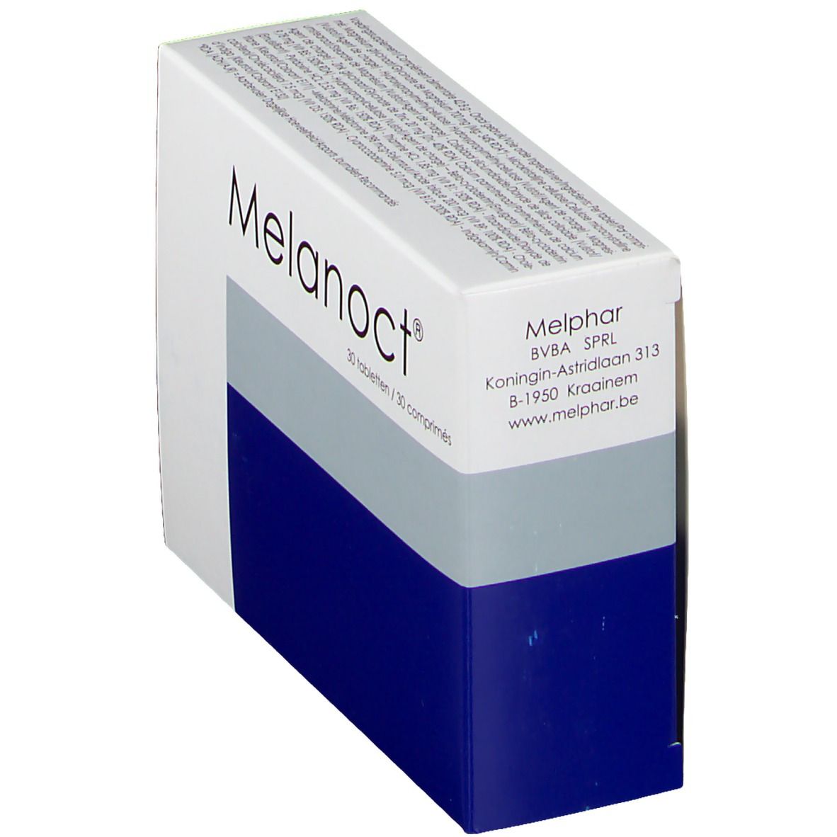 Schachtel "Melanoct®". 30 Tabletten. Weiß, Grau und Blau. Firmenadresse. Text in Deutsch und Französisch.