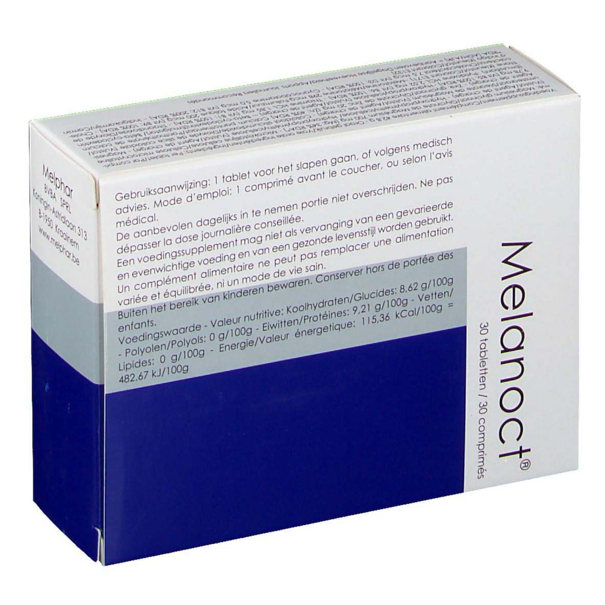 Schachtel "Melanoct®" mit 30 Tabletten. Weiß, Grau und Blau. Nährwertangaben. Text in Deutsch und Französisch.