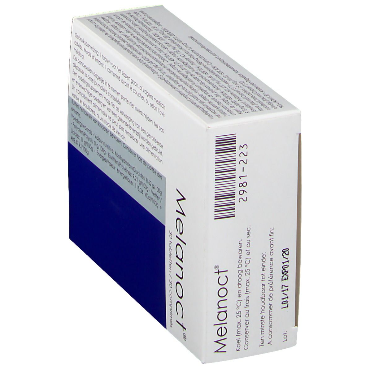 Schachtel "Melanoct®" mit 30 Tabletten. Weiß, Grau und Blau. Barcode und Verfallsdatum. Text in Deutsch und Französisch.