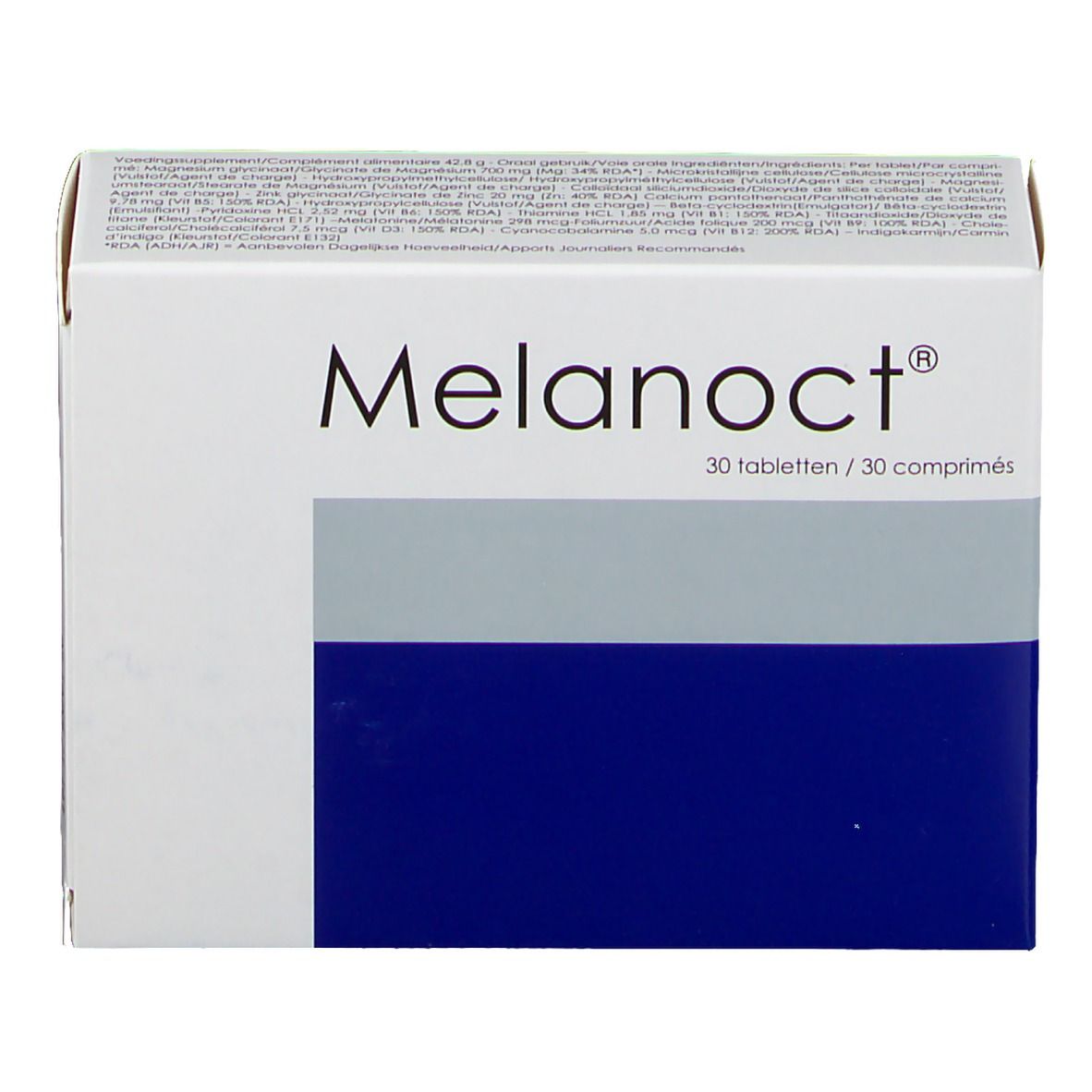 Schachtel "Melanoct®" mit 30 Tabletten. Weiß, Grau und Blau. Text in Deutsch und Französisch.