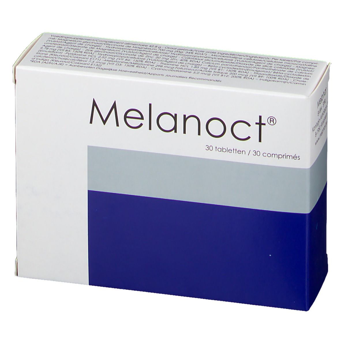 Schachtel "Melanoct®" mit 30 Tabletten. Weiß, Grau und Blau. Text in Deutsch und Französisch.