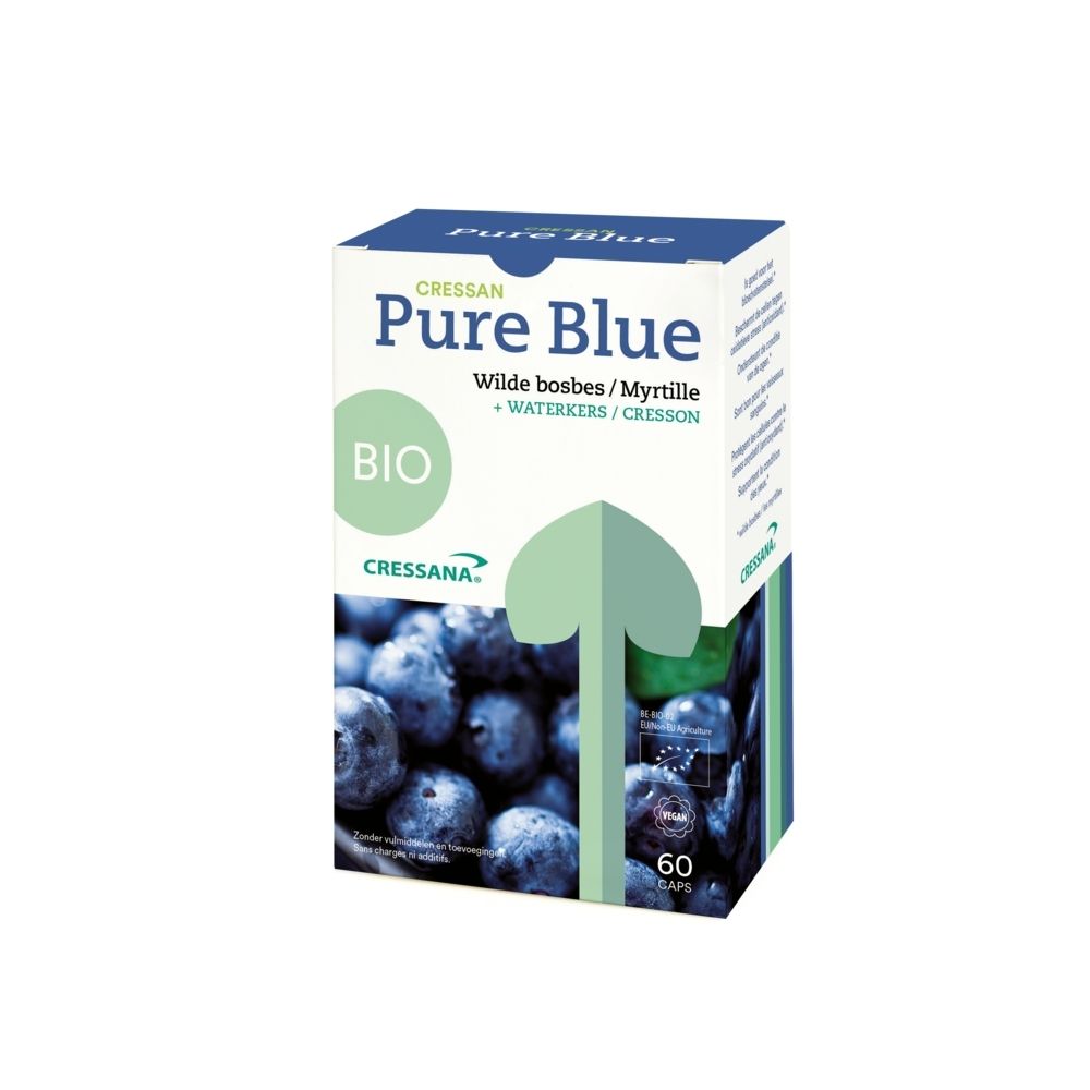 Emballage Cressan Pure Blue avec myrtilles et sceau Bio.