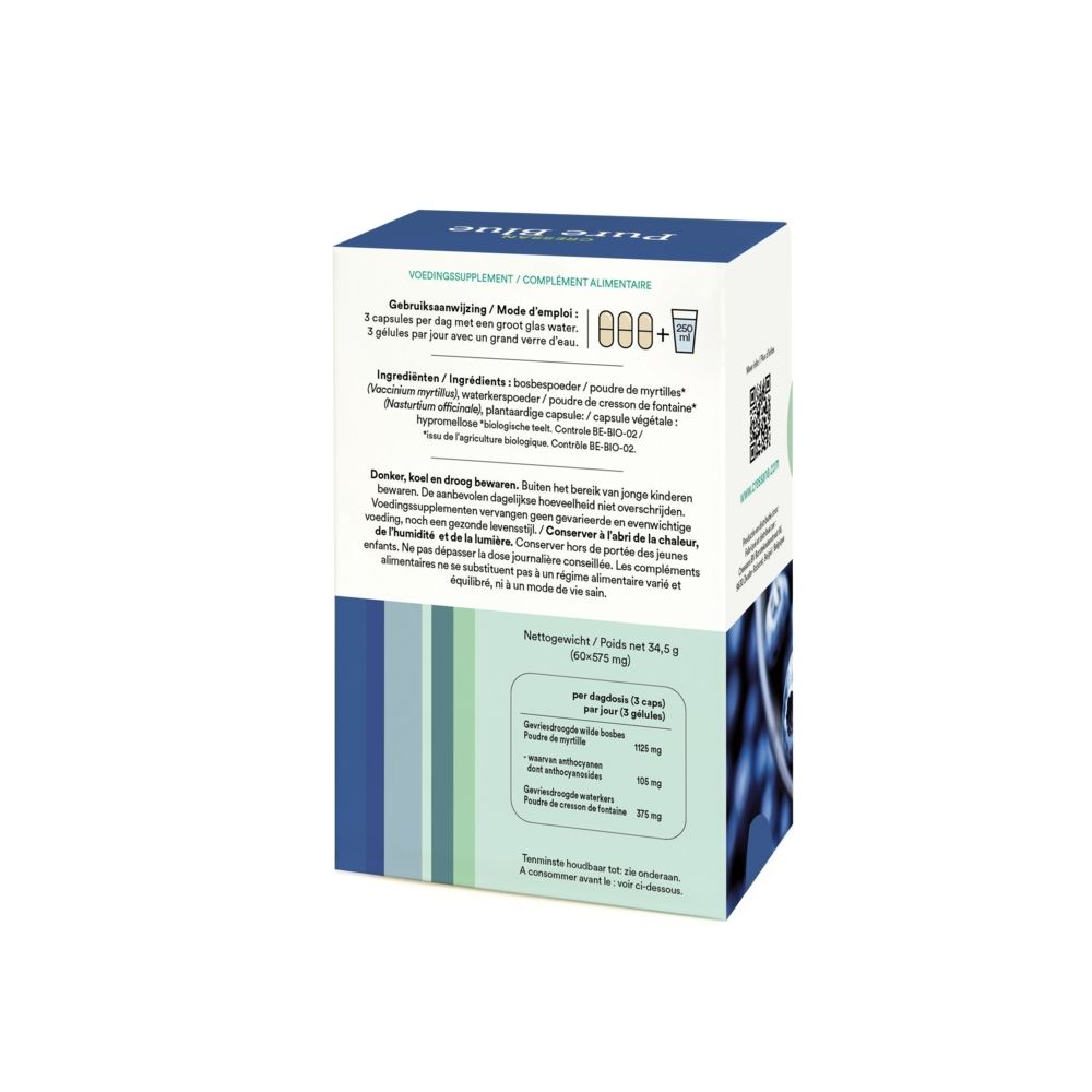 Emballage Cressan Pure Blue avec myrtilles, sceau Bio et liste d'ingrédients.