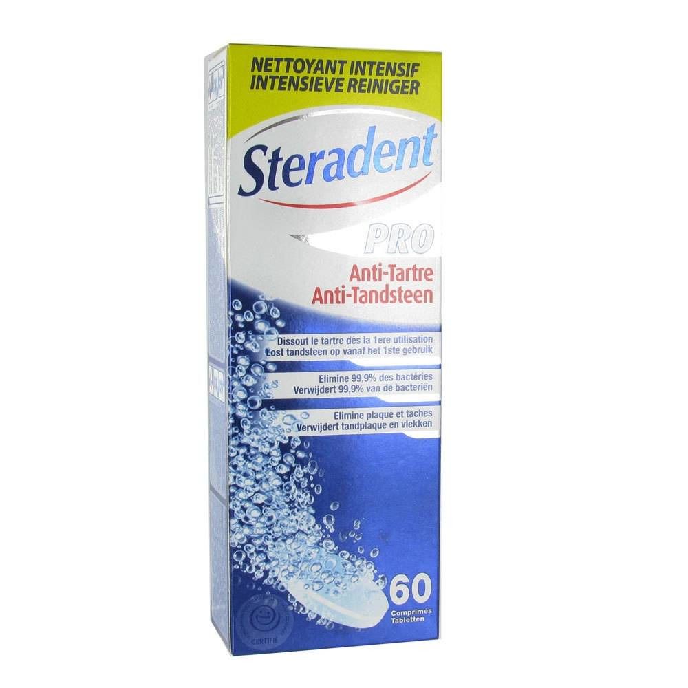 Schachtel mit 60 Tabletten. Aufschrift Steradent Pro Anti-Tartre. Blaue und weiße Verpackung. Enthält 60 Tabletten.