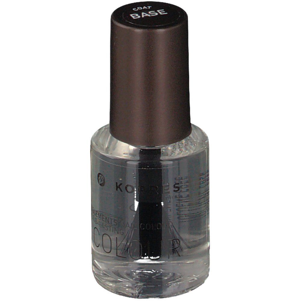 KORRES Nagellack-Flasche mit braunem Deckel. Aufschrift BASE. Bürste im Inneren sichtbar.