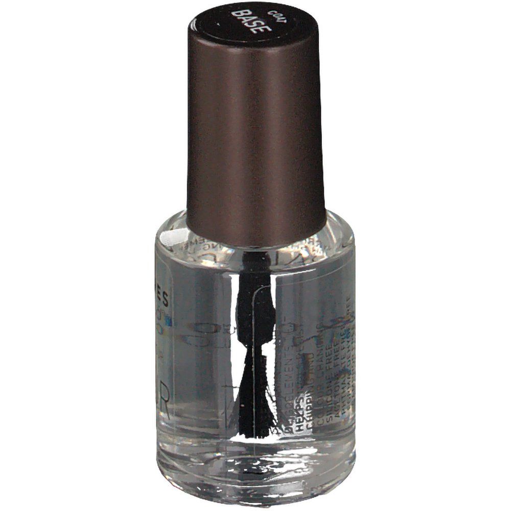 KORRES Nagellack-Flasche mit braunem Deckel. Aufschrift BASE. Bürste im Inneren sichtbar.