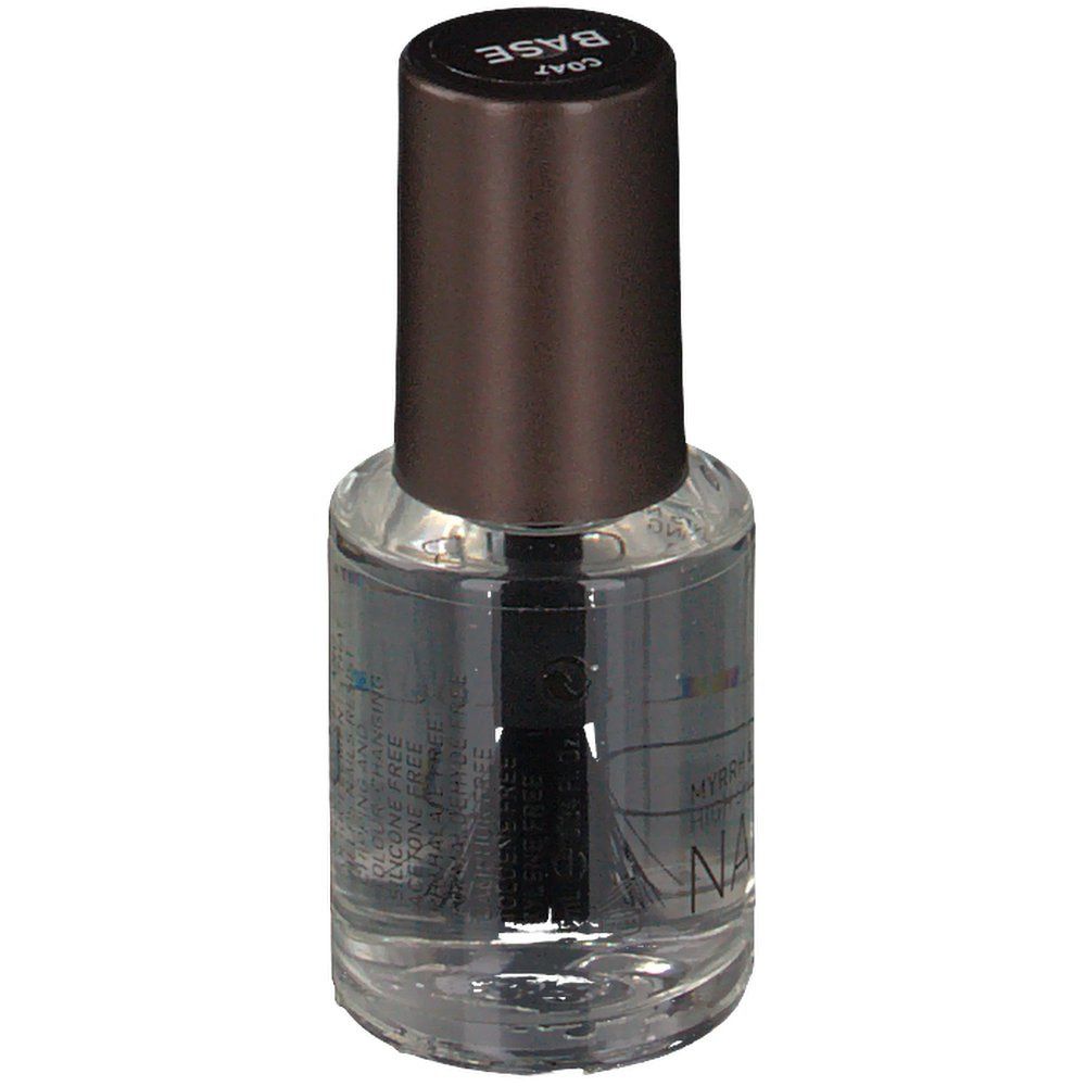 KORRES Nagellack-Flasche mit braunem Deckel. Aufschrift BASE. Bürste im Inneren sichtbar.