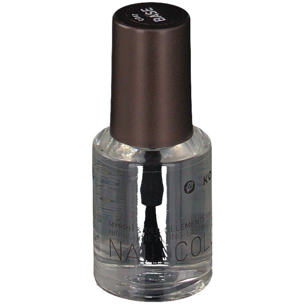 KORRES Nagellack-Flasche mit braunem Deckel. Aufschrift BASE. Bürste im Inneren sichtbar.