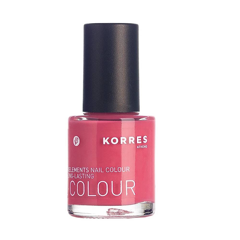 Nagellackflasche mit schwarzem Deckel. Rosa Lack. Aufschrift: KORRES, ELEMENTS NAIL COLOUR, COLOUR.