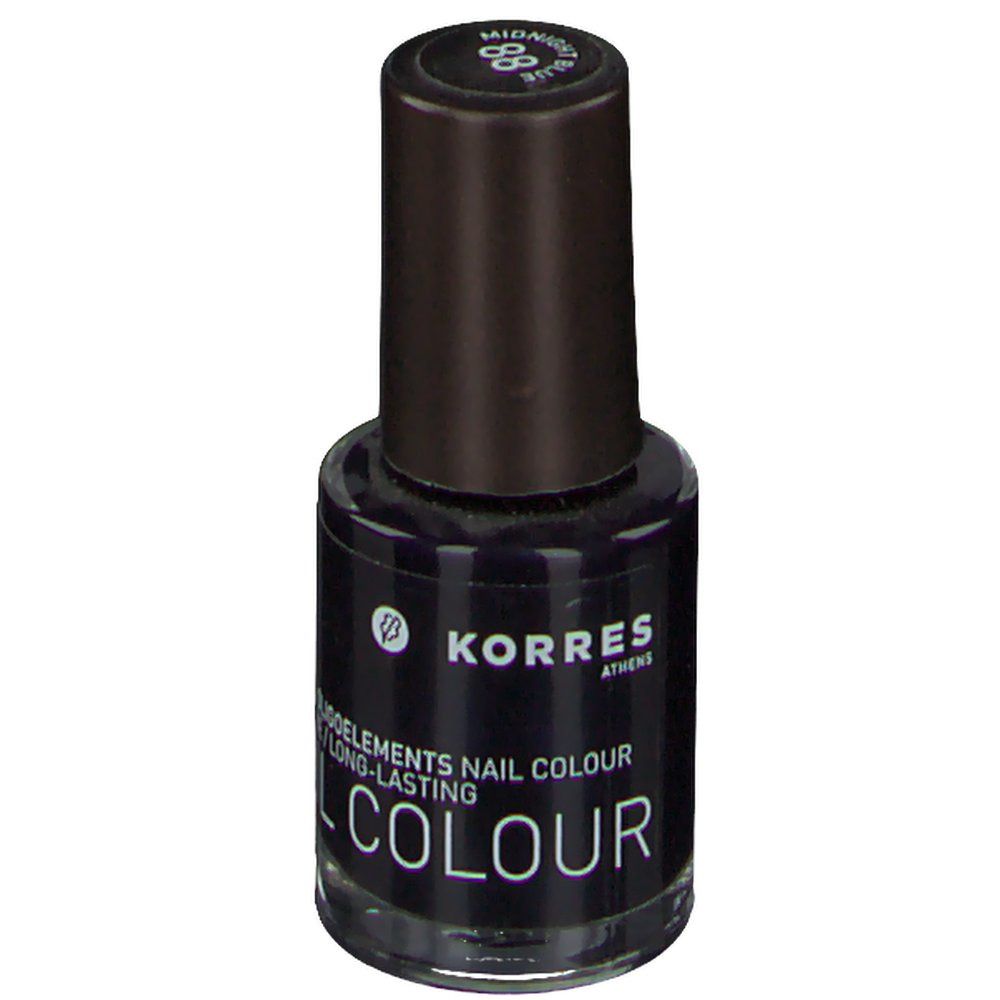 Dunkelblauer Nagellack von Korres. Flasche mit schwarzem Deckel. Aufschrift: 88 Midnight Blue, ELEMENTS NAIL COLOUR, COLOUR.