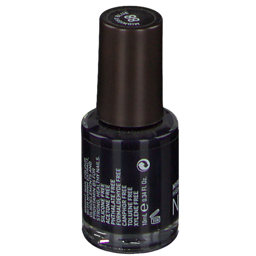 Dunkelblauer Nagellack von Korres. Flasche mit schwarzem Deckel. Aufschrift: 88 Midnight Blue, NAIL COLOUR, 10ml.